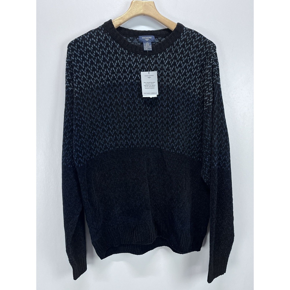 NEW! Mens Dockers Chenille Sweater Sz Large Blue Black Crew Neck Grandpa Soft